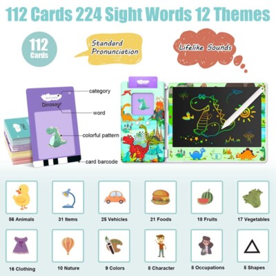 Kids Educational Flash Card Reader - 224 Side Learning Toy With Voice Guidance For Autism & Speech Therapy