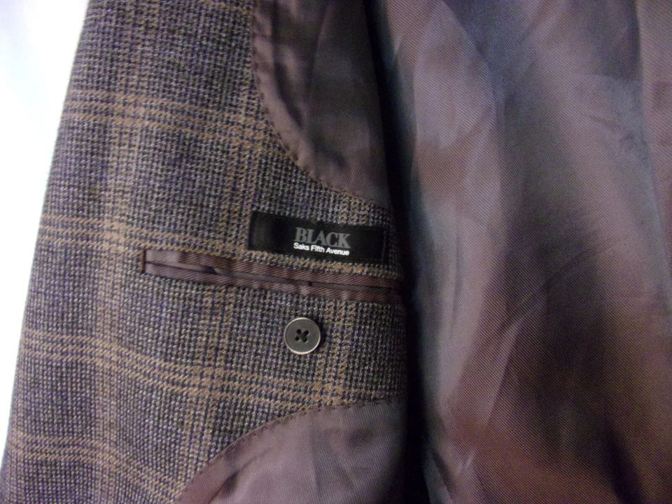 Blazer de lana a cuadros codo naranja etiqueta negra SAKS 5th Ave 46 L 2 botones para hombre en muy buena condición Foto 4 de 4