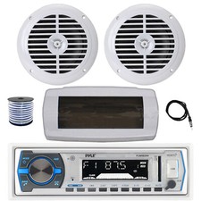 Pyle Bluetooth Marine Receiver, Cover, Antenna,Wire, 2x 6.5" 120W White Speakers