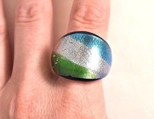 Dichroic Art Glass Chunky Statement Ring Blue Size 8