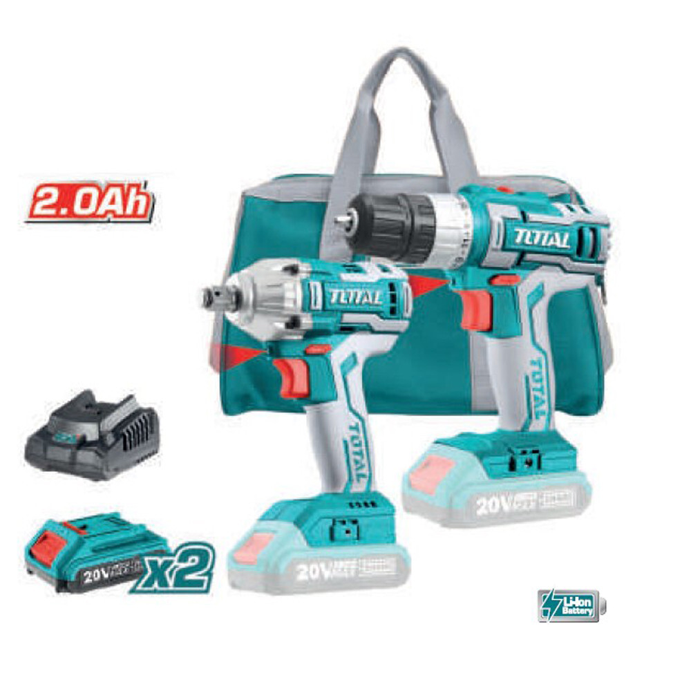 AVVITATORE+AVVITATORE A MASSA BATTENTE 1/2"+2 BATTERIE LITIO 20V+ACCESSORI TOTAL