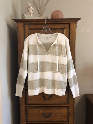 NWOT LOFT Gold Metallic & Cream Striped Knit Sweater V-Neck Size Medium Petite 
