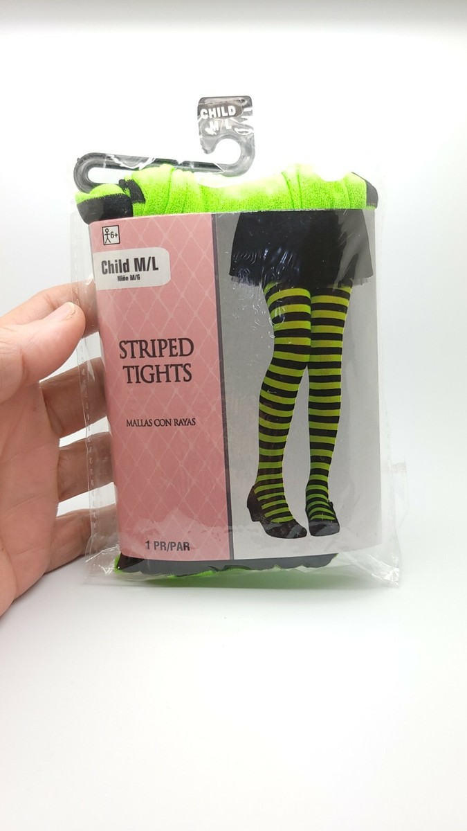 Child Green Black Striped Tights Size M/L