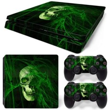 Fits PS4 Slim Console  2 Controllers Green Skull Vinyl Skin Decal Wrap