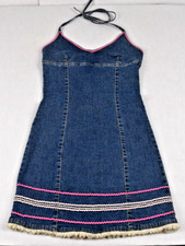 Vintage Guess Jean Dress Size 7 90s Denim Stretch Pink Ribbon Trim Fringe Halter