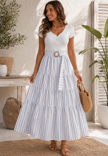 Deja Bleu Maxi Skirt Womens XL White Blue Stripe Tiered Boho Cottage Coastal NEW