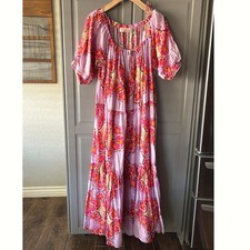 KINGA CSILLA Avenue Floral Print Puff Sleeve Maxi Liberty Dress, Pink Orange, OS