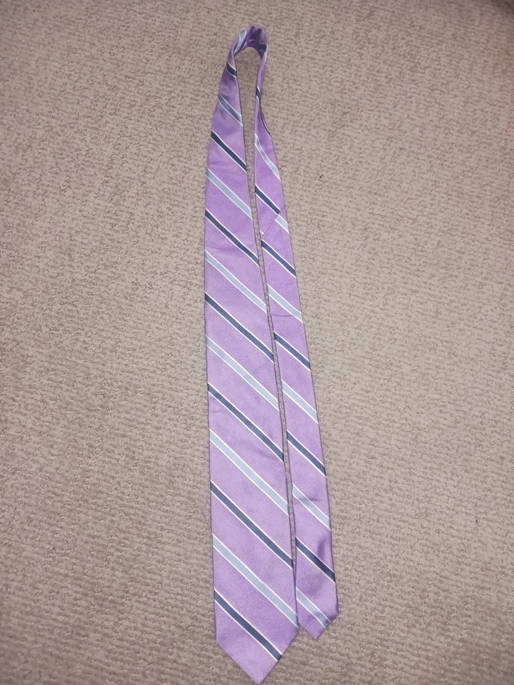 Breuer Mens Neck tie 100% Seta Silk Purple Blue White And Navy Striped - Image 2 of 4