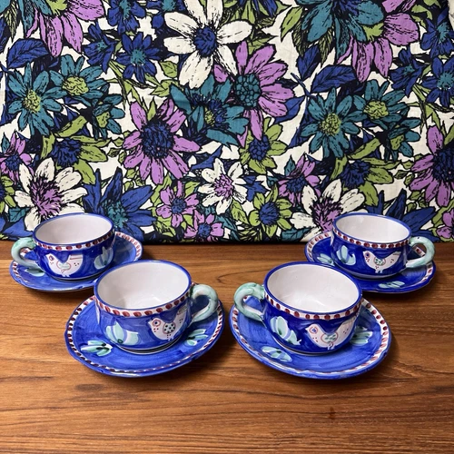 8 PC Campagna Vietri Solimene Chicken Blue Border Red Dot Cups & Saucers
