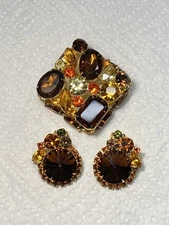 Juliana(?) Unique Brooch W/side Mount Stones Rivoli Earrings Vintage 3pc Lot
