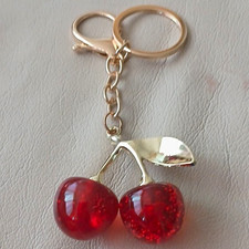 Cherry Key Chain Keyring w/ Lobster Clasp, Red Resin Cherries, Gold Tone