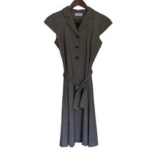 Calvin Klein Womens Grey Micro Pattern Belted A-line Cap Sleeve Dress 4