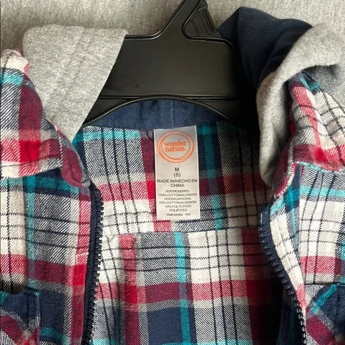 Chaqueta de franela a cuadros con capucha manga larga azul y rojo cremallera frontal abierta niño talla 8 - Imagen 10 de 13