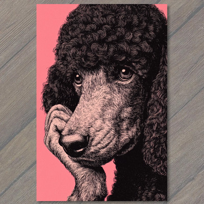 Art Print Pink Poodle Thinking Pose Curly Dog Pop Art Line Etching Retro Style