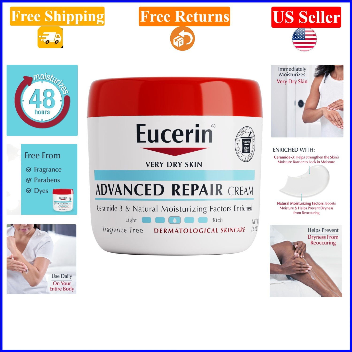 Advanced Repair Body Cream 16oz for Very Dry Sensitive Skin 