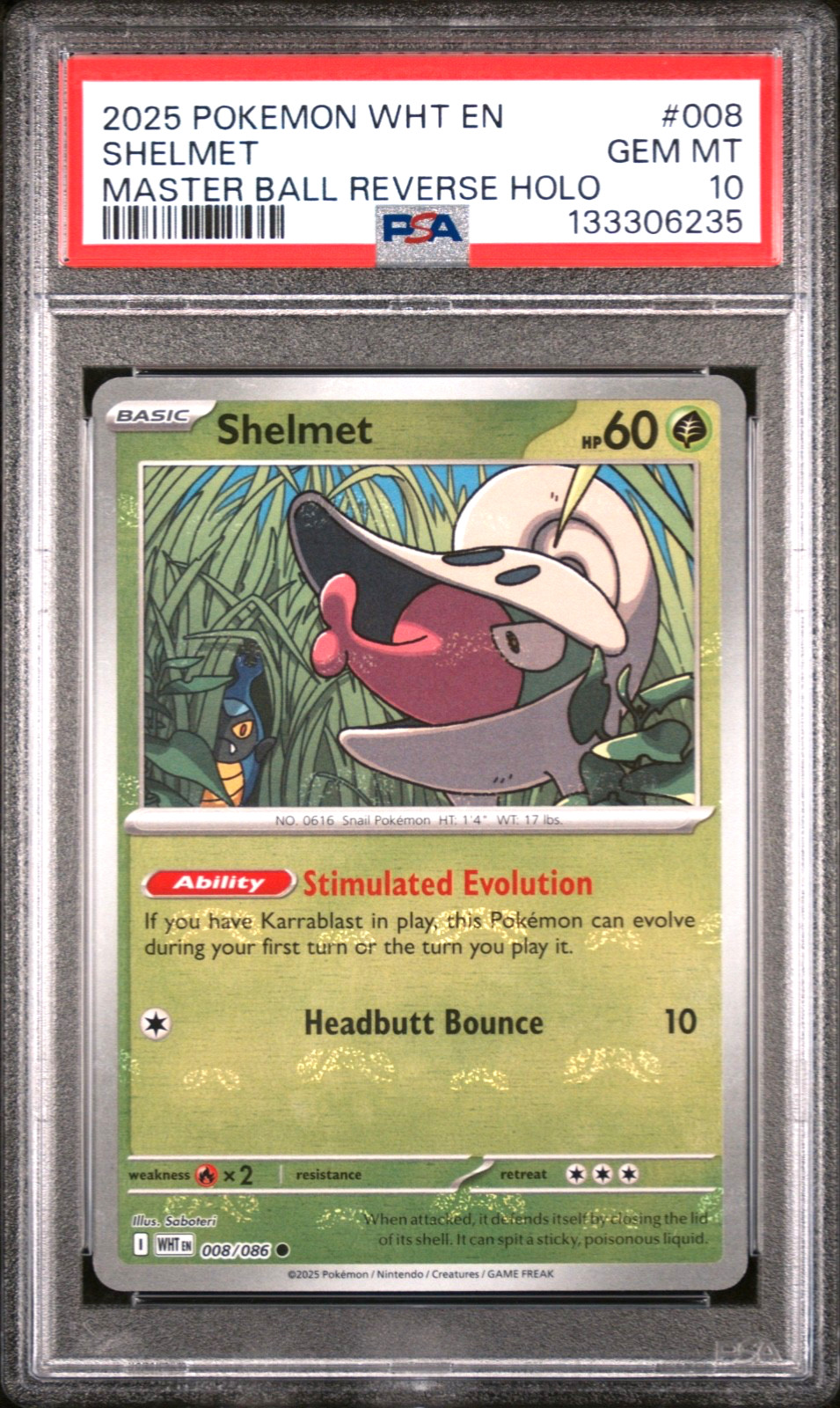 2025 POKEMON WHT EN-WHITE FLARE MASTER BALL REVERSE HOLO #008 SHELMET PSA 10