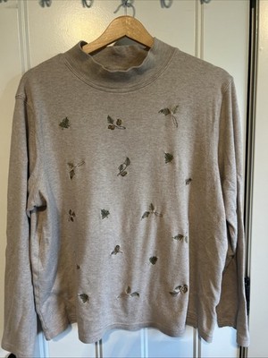 Studio Works Size XL Embroidered Fall Turtleneck Sweater Oat Brown Embroidered