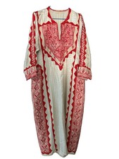 Palestinian Hand Embroidered Thobe Cream Red Pink Gold Stripe Tatreez L-XL