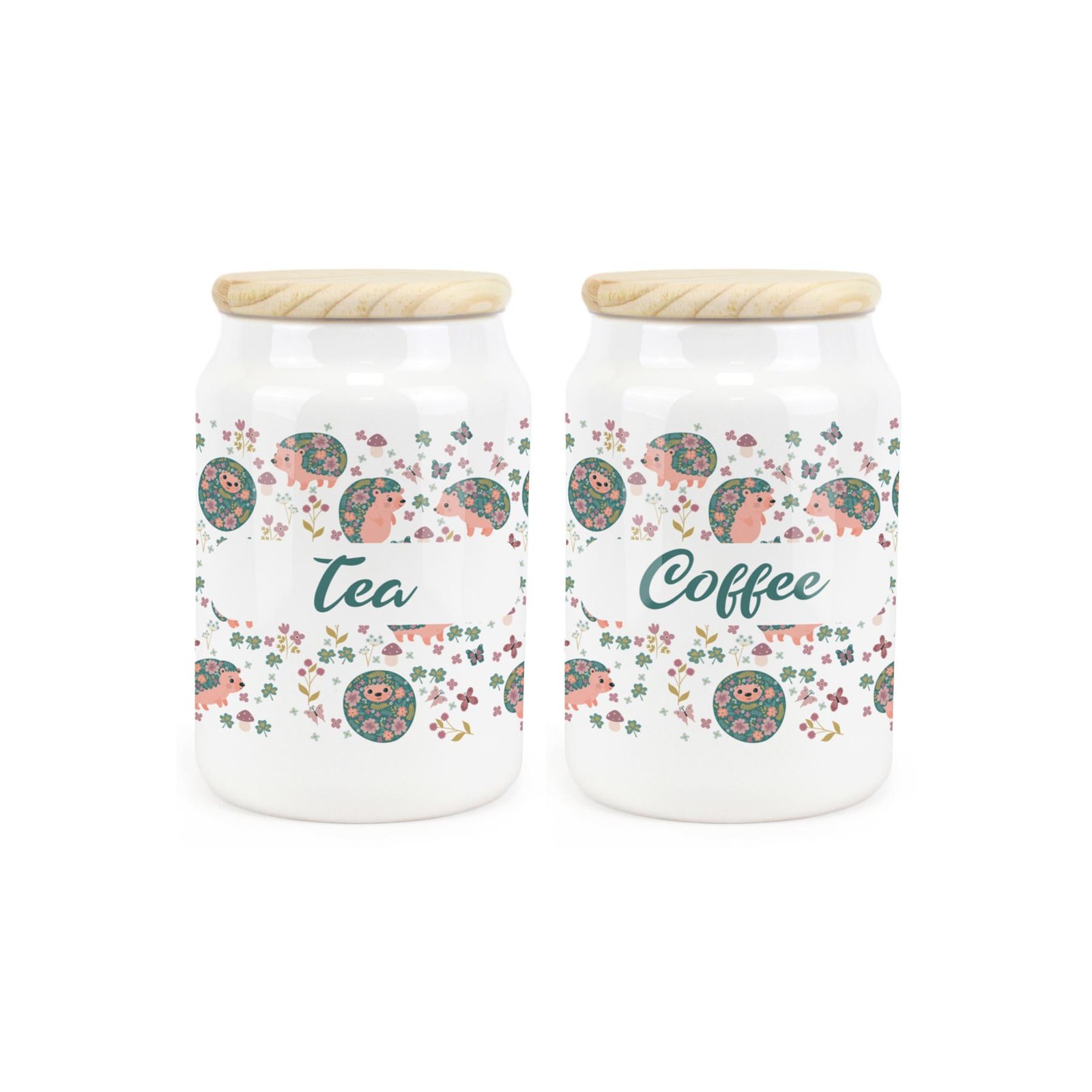 Ceramic Tapered Hedgehogs & Flowers Canisters - Tea & Coffee Containers