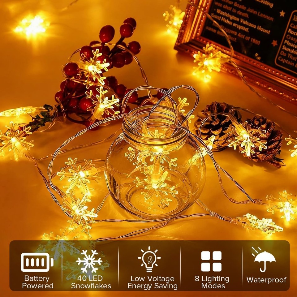 Luci Di Natale A Batteria A Forma Di Fiocco Di Neve - 6 Metri, 40 LED, IP65 Impermeabili, 8 Modalità, Per Esterno E Interno (balcone, Giardino)