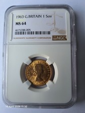 1963 G. Britain 1 Sov Full Sovereign 0.9170 Fineness Gold 7.9881g NGC MS 64