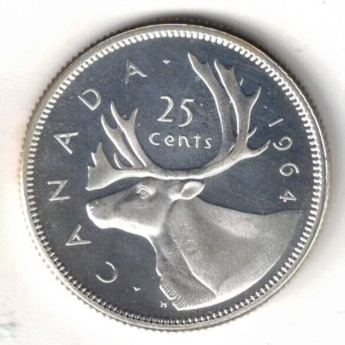 1964 Canadian Uncirculated Proof Like Strike Silver Caribou 25 Cent Coin