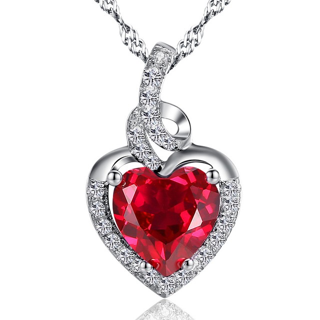 Sterling Silver 2.00 ct Created Red Ruby Heart Shaped Gemstone Pendant