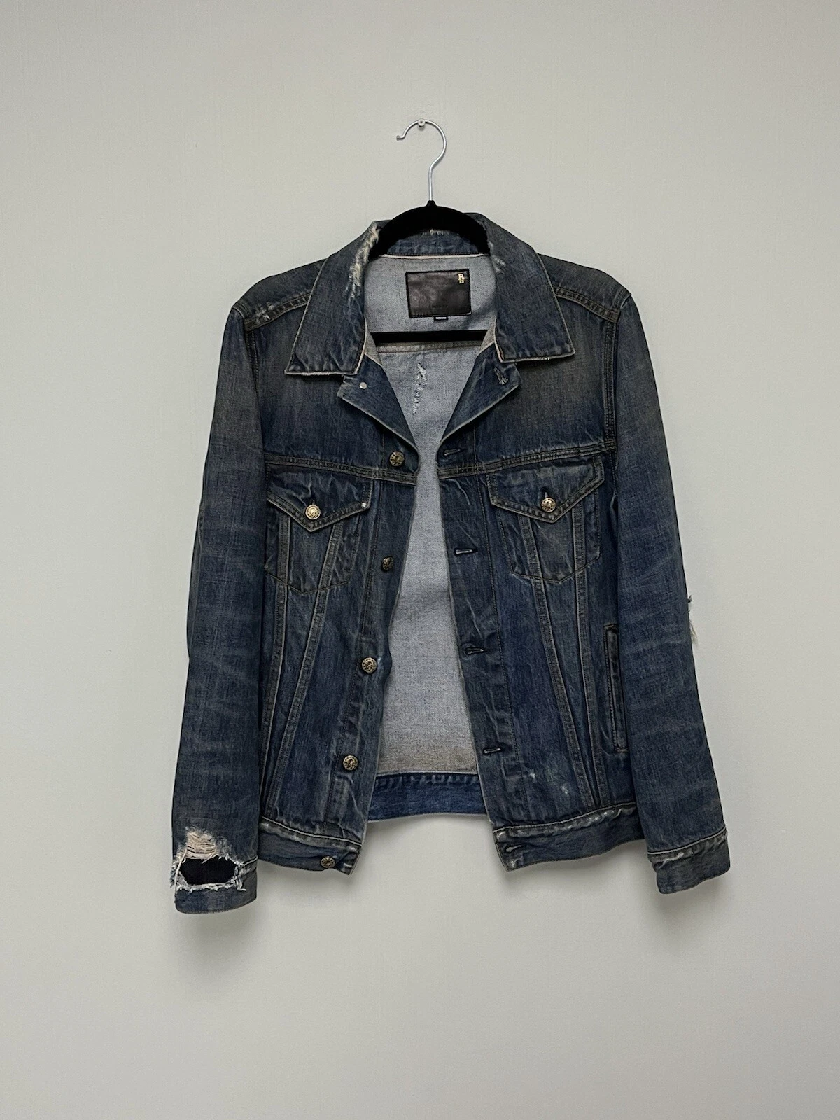 $1250 R13 Distressed Zipper Trucker Jacket Medium image 2