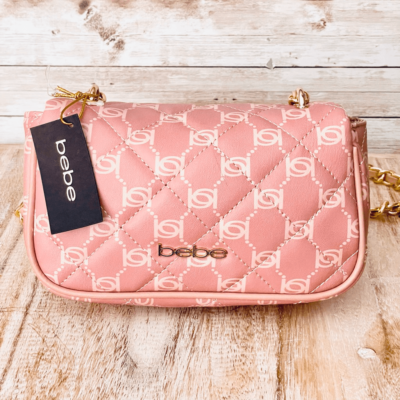 NWT BEBE Gorgeous Pink logo Liv Signature quilted gold chain  display picture 1