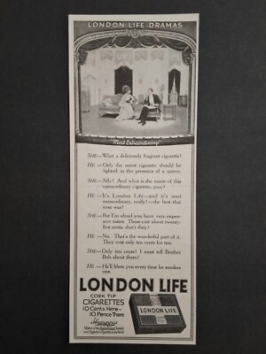 Antique London Life Cork Tip Cigarettes - 1915 AD Smoking Art Decor