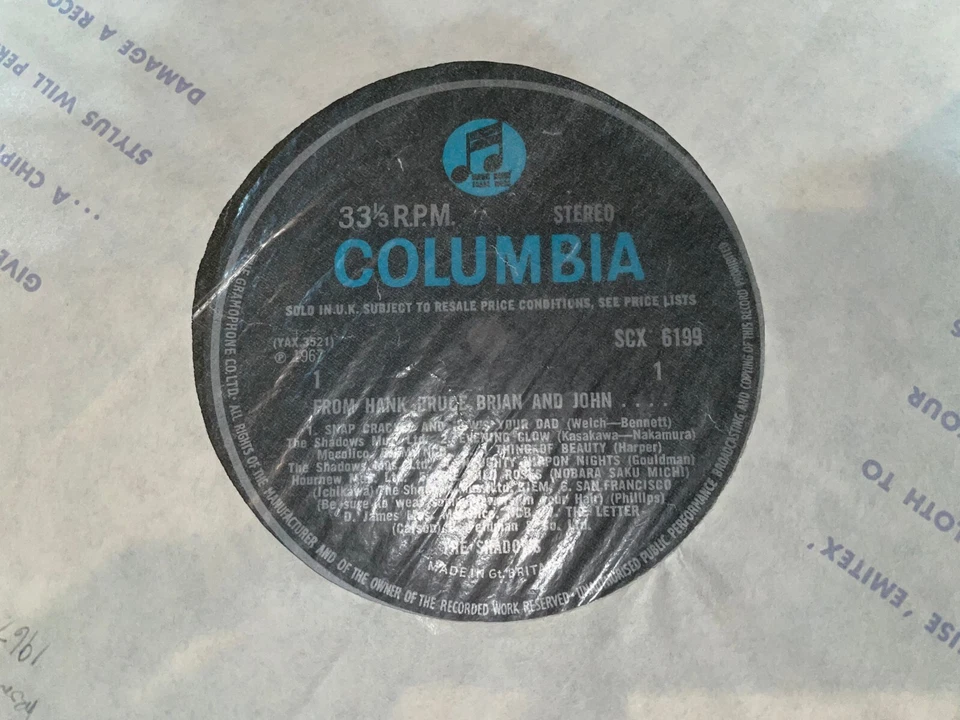 The Shadows ‎– From Hank, Bruce, Brian & John (1967 Pop/Rock LP)(EX/VG+ Cond) - Image 3 of 4