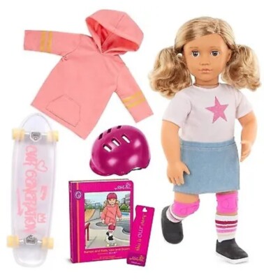 Our Generation Ollie Posable 18'' Skateboarder Doll & Storybook, Brand New!