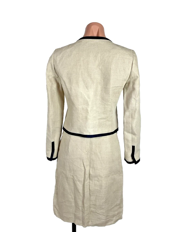J Crew 100% Linen Scalloped Beige Navy Blue Trim Woven Suit Blazer Skirt Set 2pc - Image 2 of 4