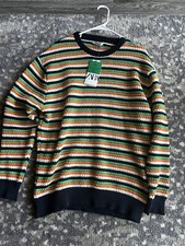 Zara Mens Openwork Knit Striped Sweater Navy White Orange Size L NWT