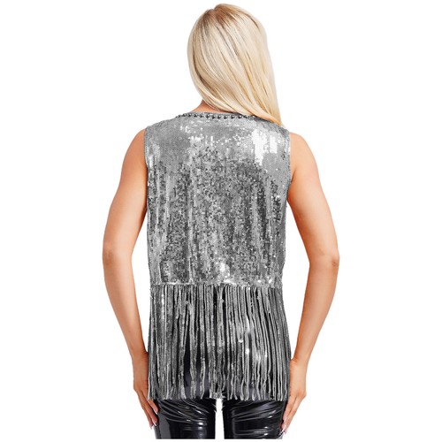 Women Vest Lapel Waistcoat Sparkly Shrug Tassel Cardigan Open Front Top Disco - Picture 9 of 41