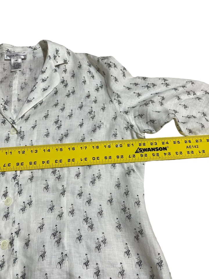 Rena Rowan Womens White Linen Parisian Bicycle Print 3/4 Sleeve Size 16 Button - Image 4 of 4