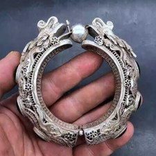 Green Jade Inlaid Tibetan Silver bracelet,Chinese Old Dragon head bracelet