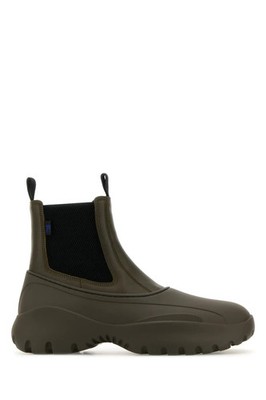 Burberry Chelsea Scoot Olive Green Leather And Rubber Ankle Boots New