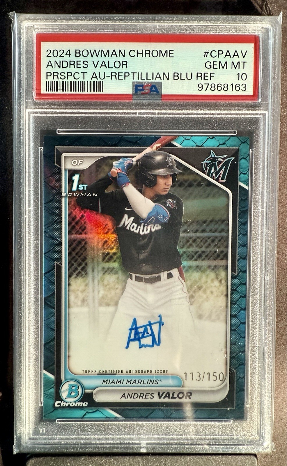 ANDRES VALOR 2024 1st Bowman Chrome Reptilian Blue Refractor /150 PSA 10 Marlins