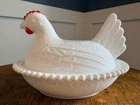 Vintage Indiana White Milk Glass Striated Hen On Nest 7” w/Painted Comb & Wattle
