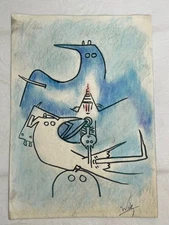 WIFREDO LAM drawing and painting on old paper signed stamped vintage