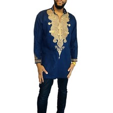 Blue Long Sleeved Gold Embroidered Men Linen Material African Top/ Dashiki