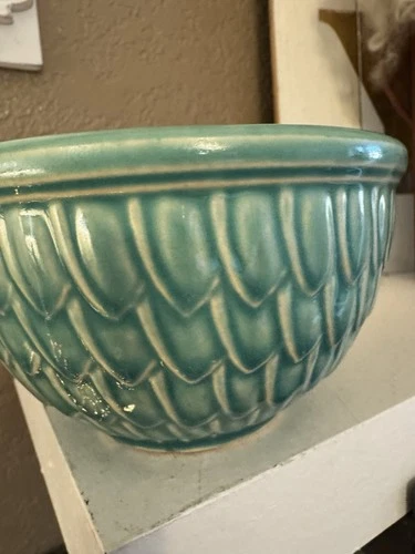 McCoy Signed Pottery Aqua Blue Fish Scale Feathers Vintage 6" Bowl 1940s Teal