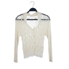 Unbranded Cream Crochet Beaded Vintage Long Sleeve Sheer Cardigan Top Y2K XS S
