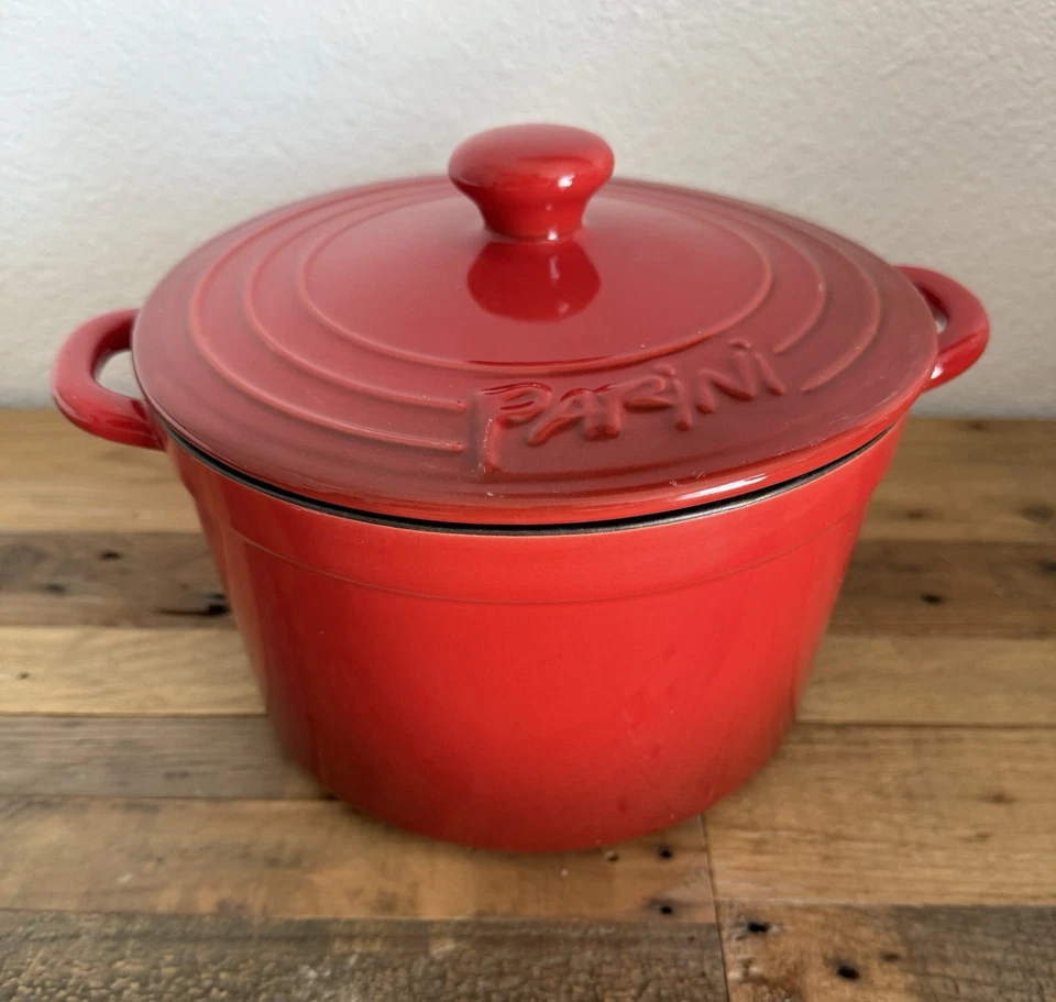 Cazuela ignífuga de gres Parini roja de 4 cuartos con tapa, nueva en caja  Foto 3 de 4