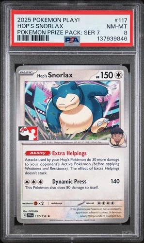 2025 POKEMON PLAY! POKEMON PRIZE PACK: SERIES 7 #117 HOP'S SNORLAX PSA 8