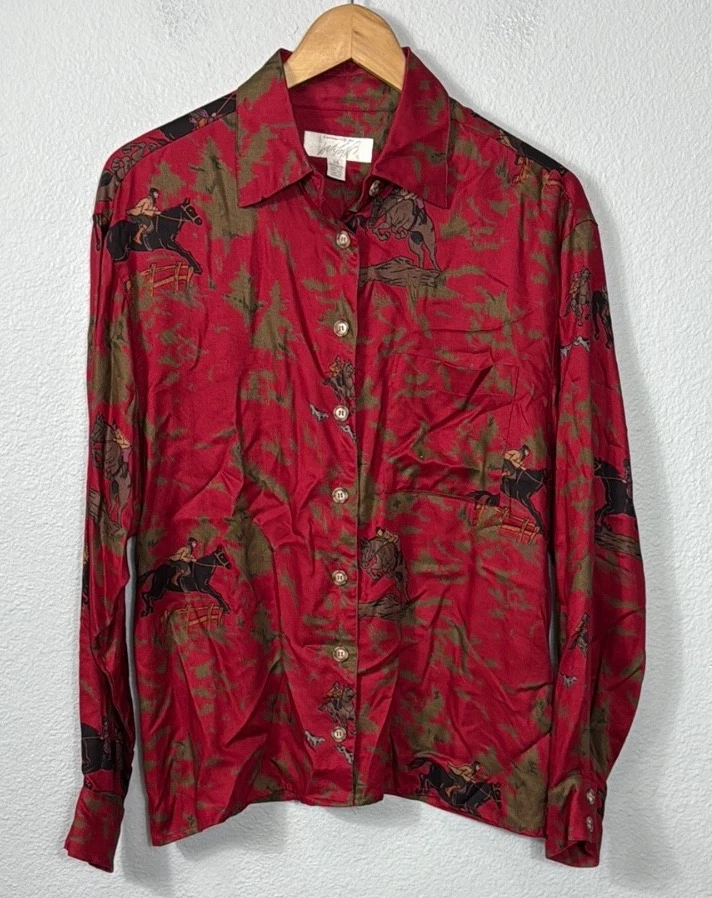 Camisa feminina vintage anos 90 Lord & Taylor cavalo com botões estampa de caça equestre - Imagem 2 de 4