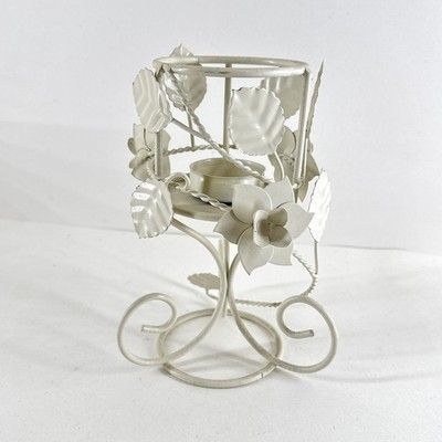 Teelicht Kerzenhalter weiß Metall Blumen Shabby Chic Blätter & Blumen 17 cm