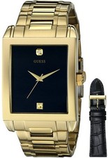 GUESS 2 PC SET GOLD TONE S/STEEL,BLACK LEATHER BAND,DIAMOND ACCENT WATCH U0206G1