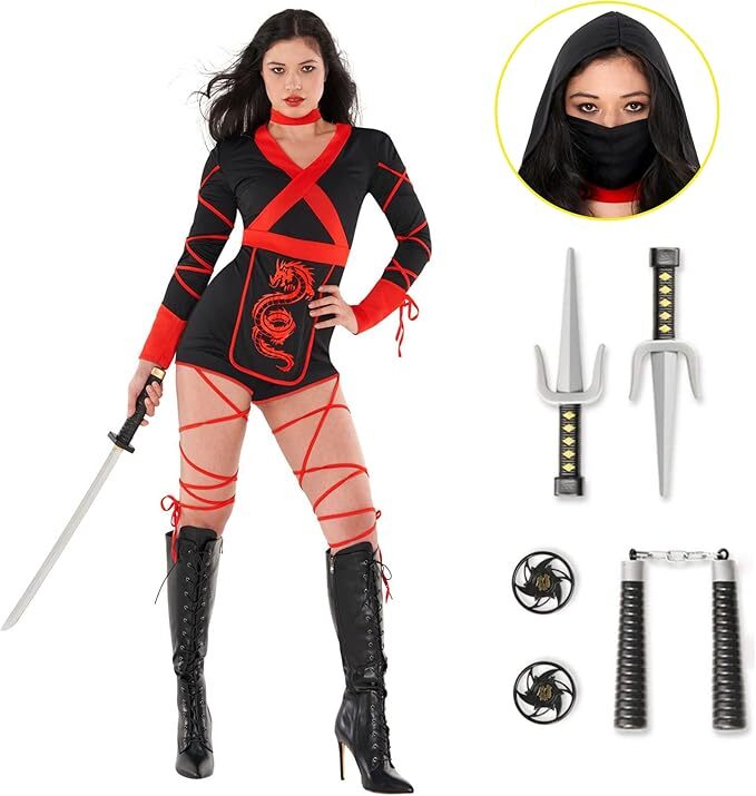 Mujer Dragón Rojo Ninja Disfraz Damas Guerrero Vestido Elegante Mono Halloween